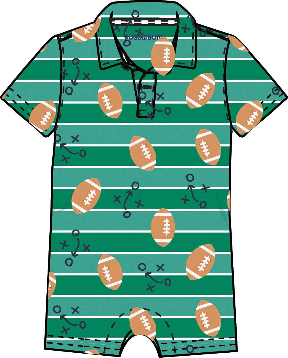 Boys Tackles & Touchdowns Football Knit Short Sleeve Performance Polo Romper - Premium  from RuffleButts + RuggedButts - Just $39.95! Shop now at Pat's Monograms
