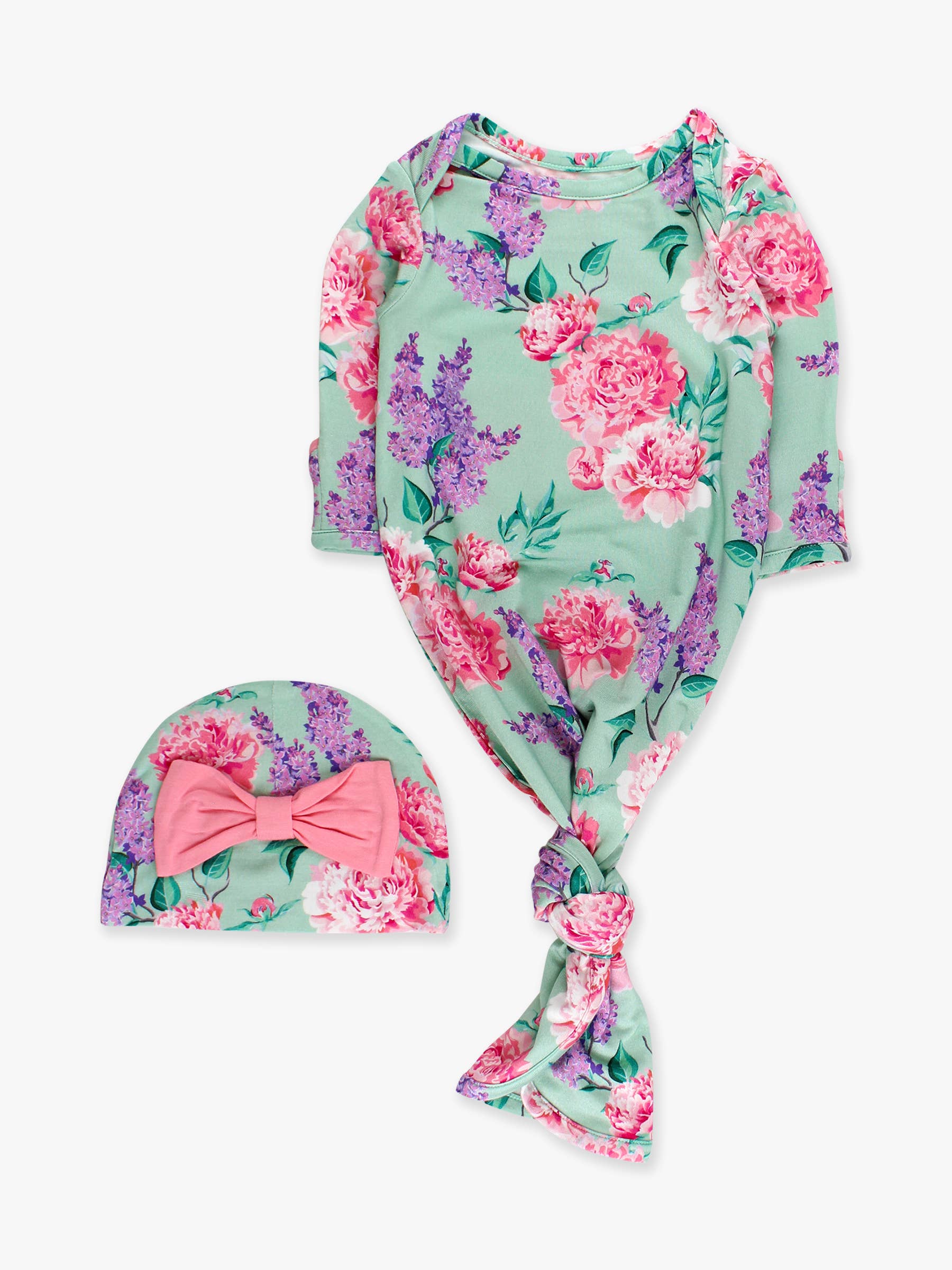 SoftSnooze™ Baby Girls Bamboo Viscose Sage Garden Ruffle Knotted Sleep Gown & Bow Hat Set - Premium Baby Sleepwear from RuffleButts + RuggedButts - Just $42.95! Shop now at Pat's Monograms
