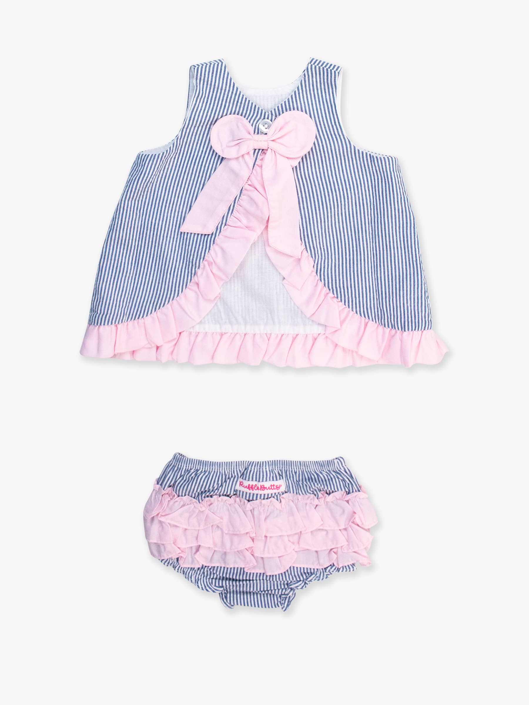 Baby Girls Blue Seersucker Ruffle Swing Top & Bloomer Set - Premium Baby & Toddler Outfits from RuffleButts + RuggedButts - Just $45.95! Shop now at Pat's Monograms