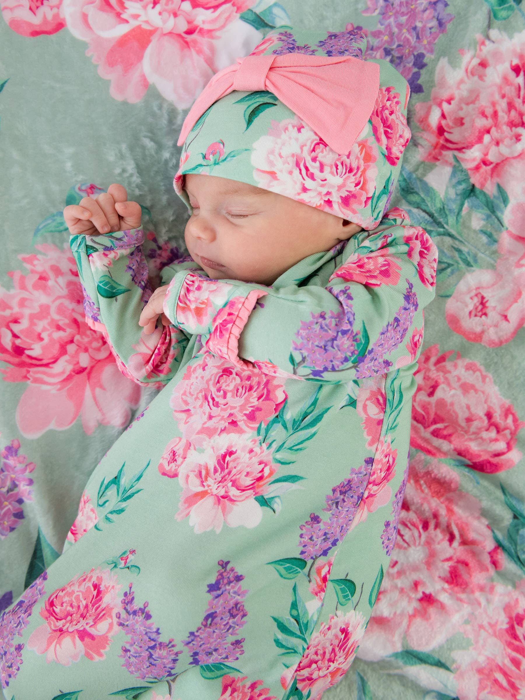 SoftSnooze™ Baby Girls Bamboo Viscose Sage Garden Ruffle Knotted Sleep Gown & Bow Hat Set - Premium Baby Sleepwear from RuffleButts + RuggedButts - Just $42.95! Shop now at Pat's Monograms