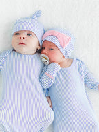 SoftSnooze™ Baby Boys Bamboo Viscose Periwinkle & White Micro Stripe Knotted Sleep Gown & Hat Set - Premium Baby Sleepwear from RuffleButts + RuggedButts - Just $42.95! Shop now at Pat's Monograms