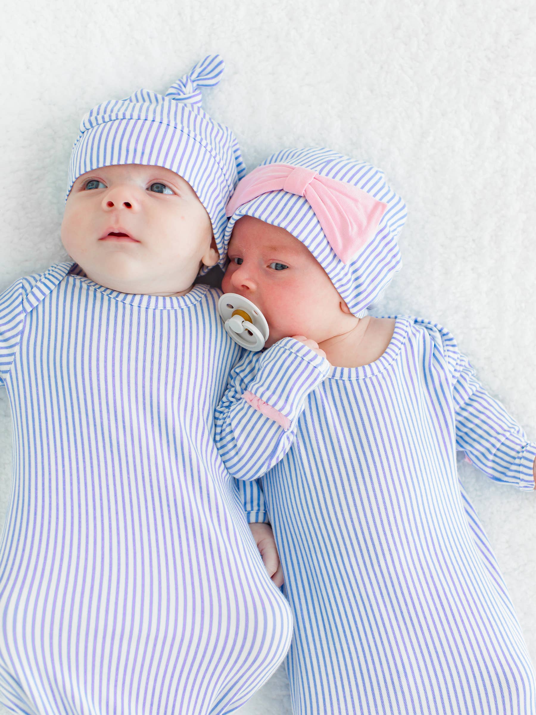 SoftSnooze™ Baby Boys Bamboo Viscose Periwinkle & White Micro Stripe Knotted Sleep Gown & Hat Set - Premium Baby Sleepwear from RuffleButts + RuggedButts - Just $42.95! Shop now at Pat's Monograms