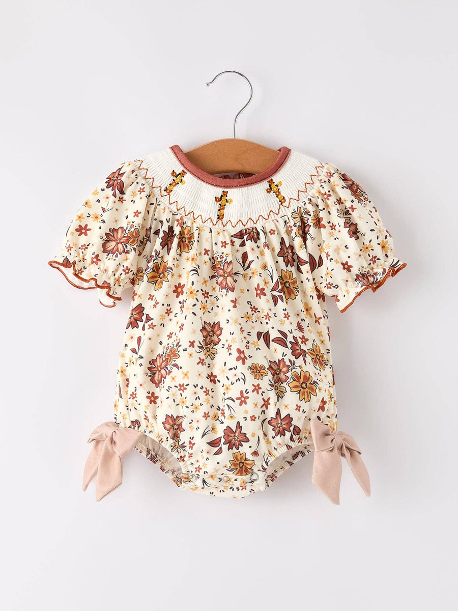 Colorful Floral Smocked Cross Baby Girl Romper - Premium  from Rylee Faith Designs - Just $24.95! Shop now at Pat's Monograms