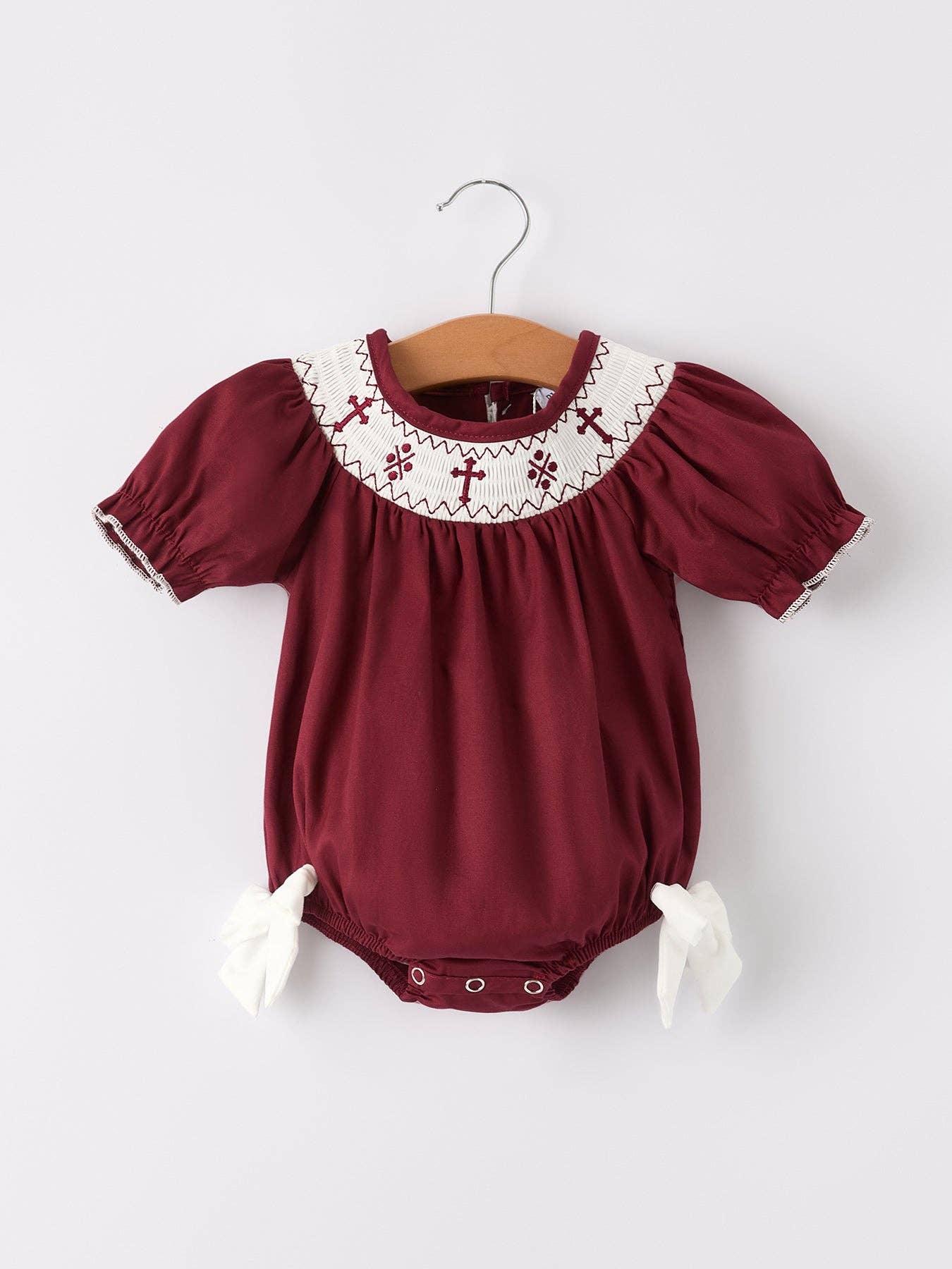 Dark Red Smocked Church Christ Bishop Christening Girls Romper - Premium Baby & Toddler Outfits from Rylee Faith Designs - Just $24.95! Shop now at Pat's Monograms