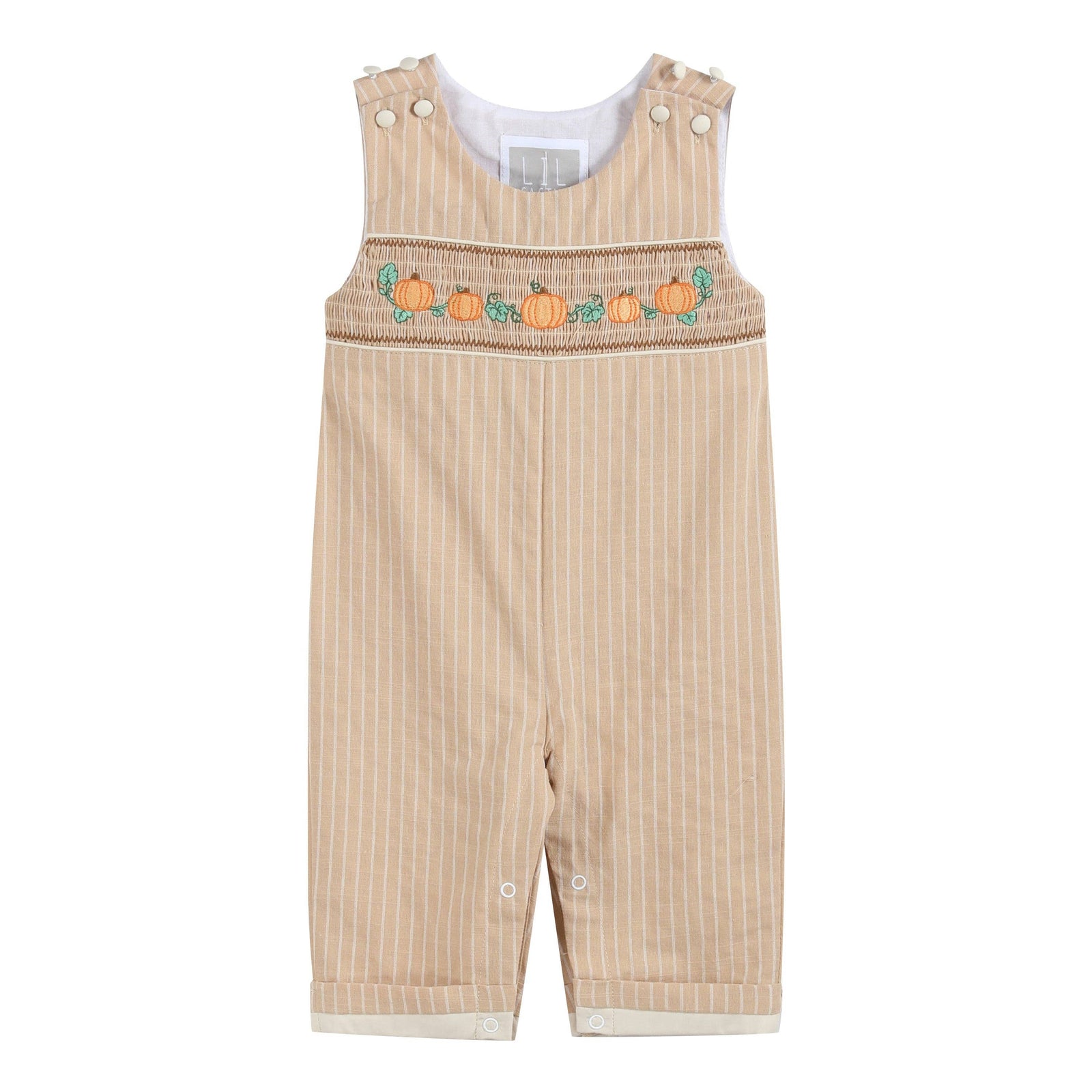 Light Brown Pinstripe Pumpkin Smocked Overalls - Premium Baby & Toddler Outfits from Lil Cactus - Just $38.95! Shop now at Pat's Monograms