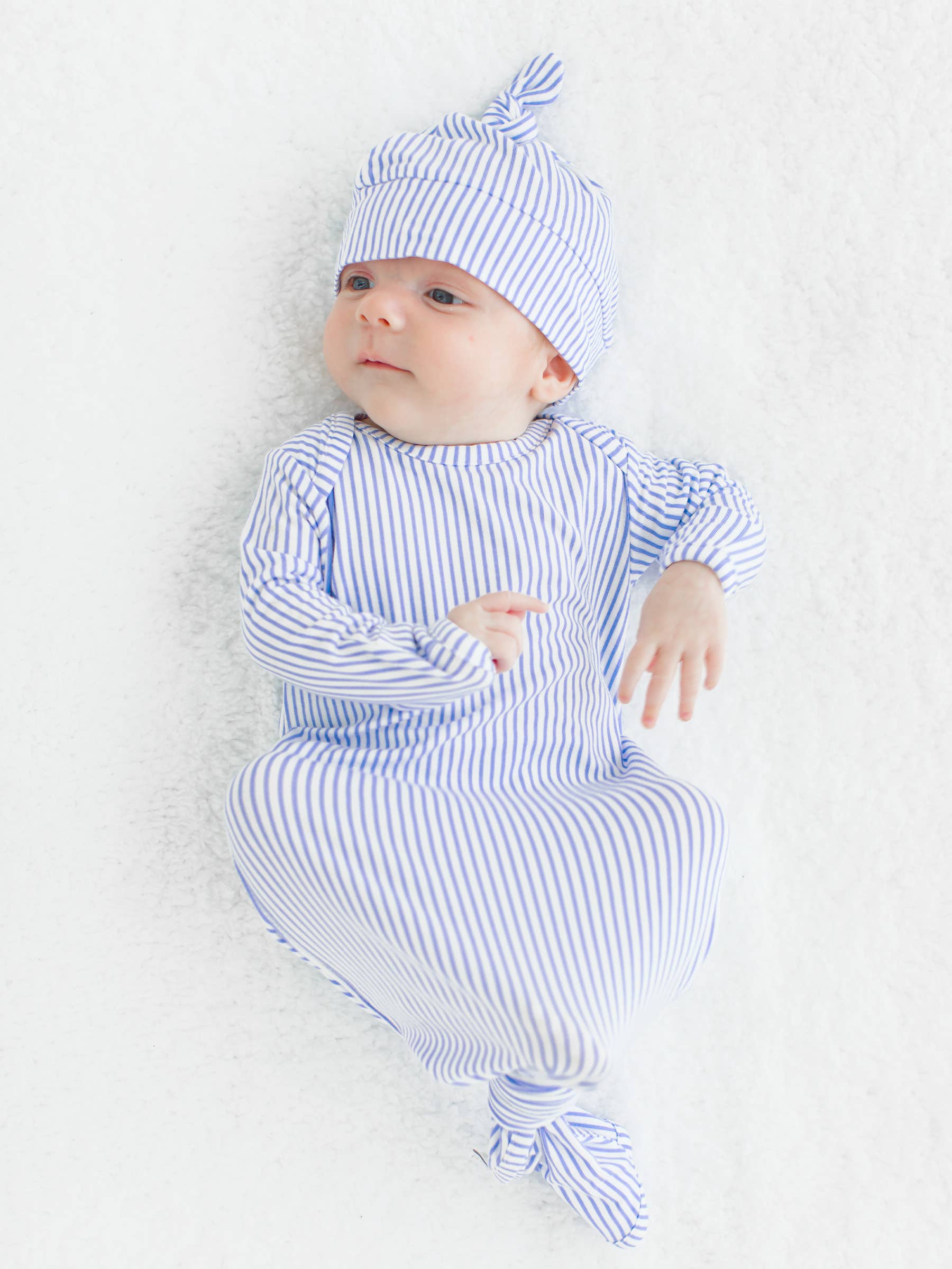 SoftSnooze™ Baby Boys Bamboo Viscose Periwinkle & White Micro Stripe Knotted Sleep Gown & Hat Set - Premium Baby Sleepwear from RuffleButts + RuggedButts - Just $42.95! Shop now at Pat's Monograms