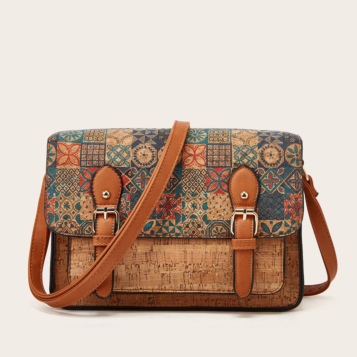Big Capacity Vintage Floral Cork Messenger Bag