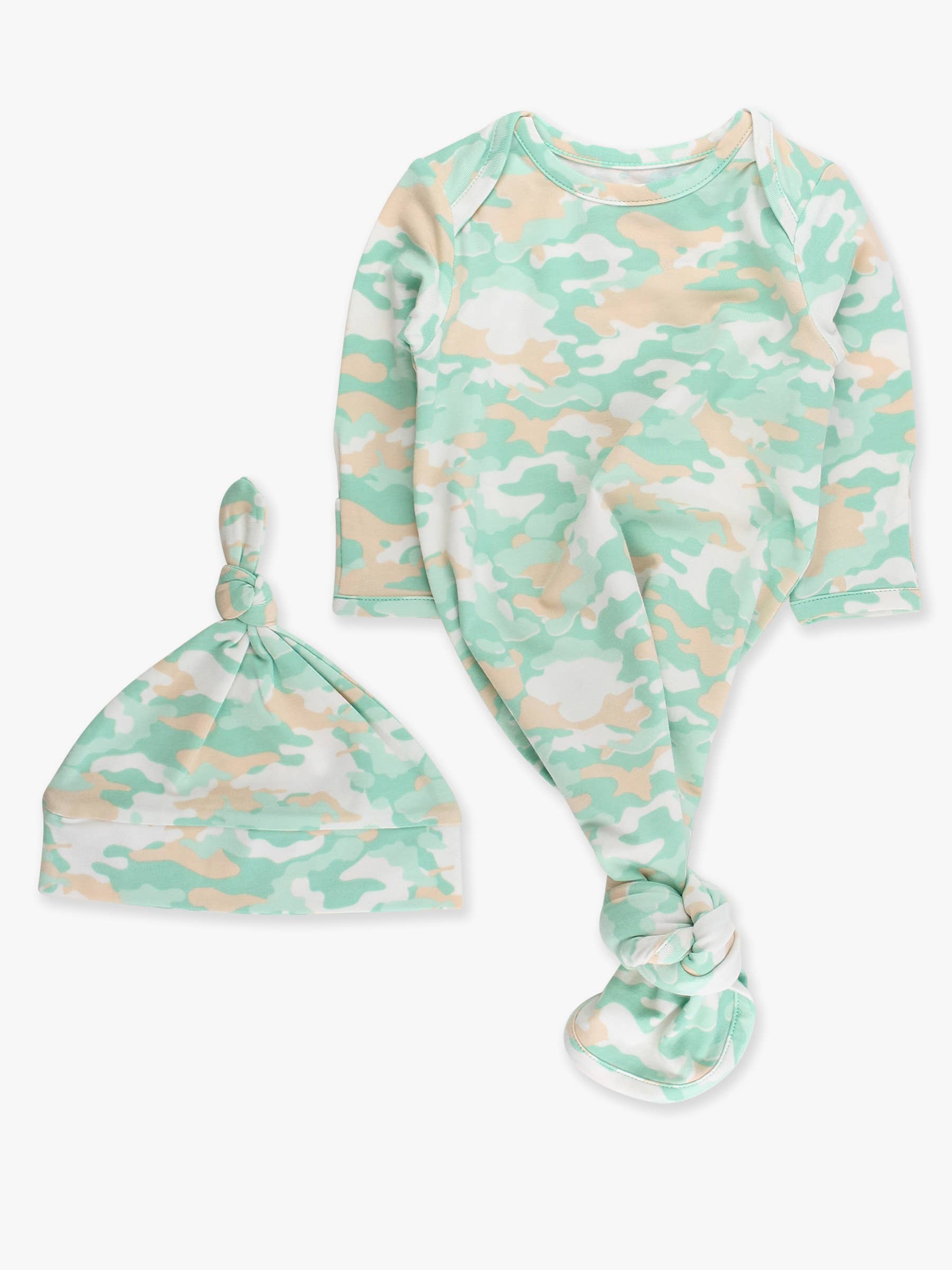 SoftSnooze™ Baby Cotton Modal Sage Trail Camo Knotted Sleep Gown & Hat Set - Premium Baby Sleepwear from RuffleButts + RuggedButts - Just $40! Shop now at Pat's Monograms