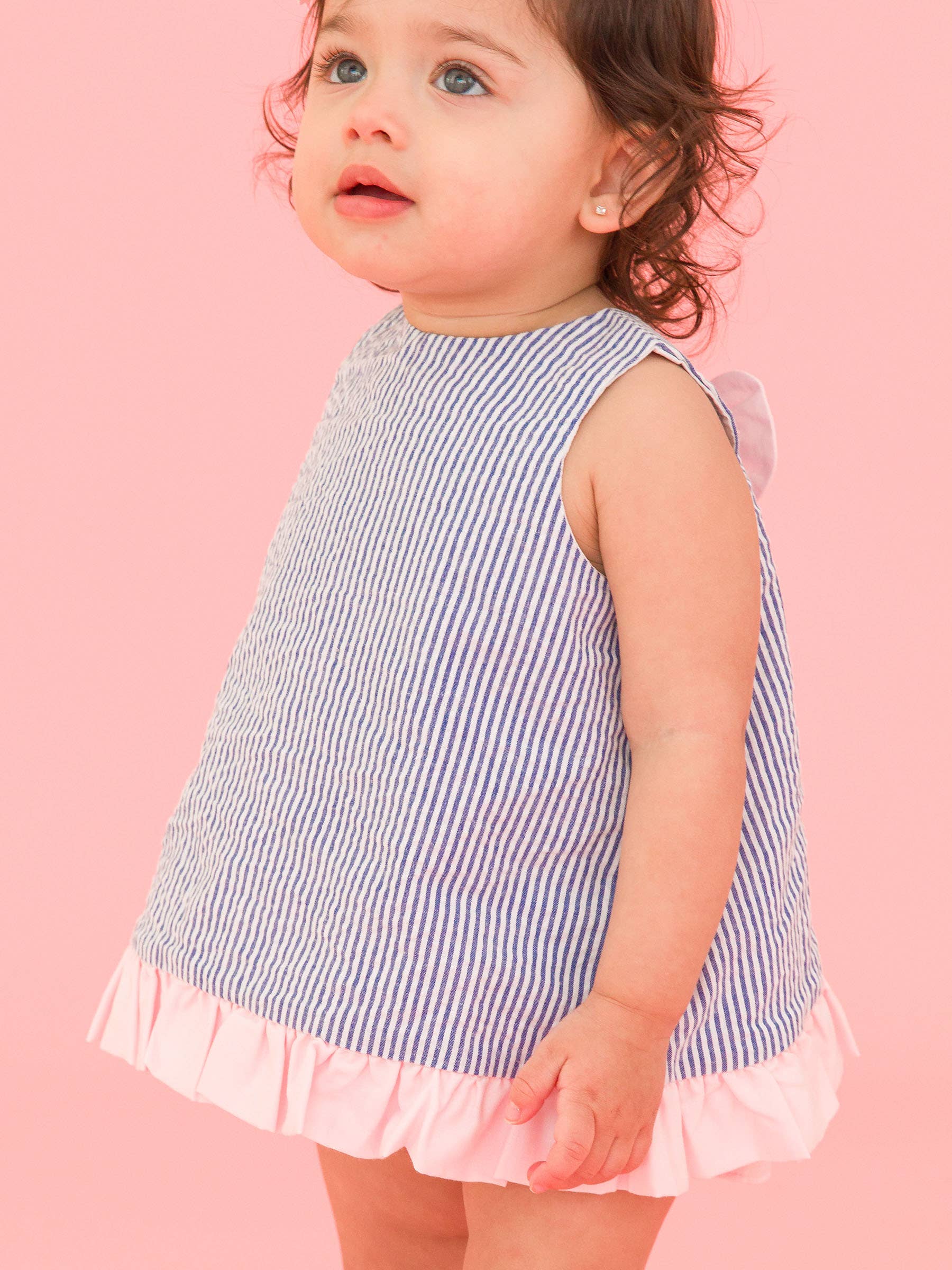 Baby Girls Blue Seersucker Ruffle Swing Top & Bloomer Set - Premium Baby & Toddler Outfits from RuffleButts + RuggedButts - Just $45.95! Shop now at Pat's Monograms