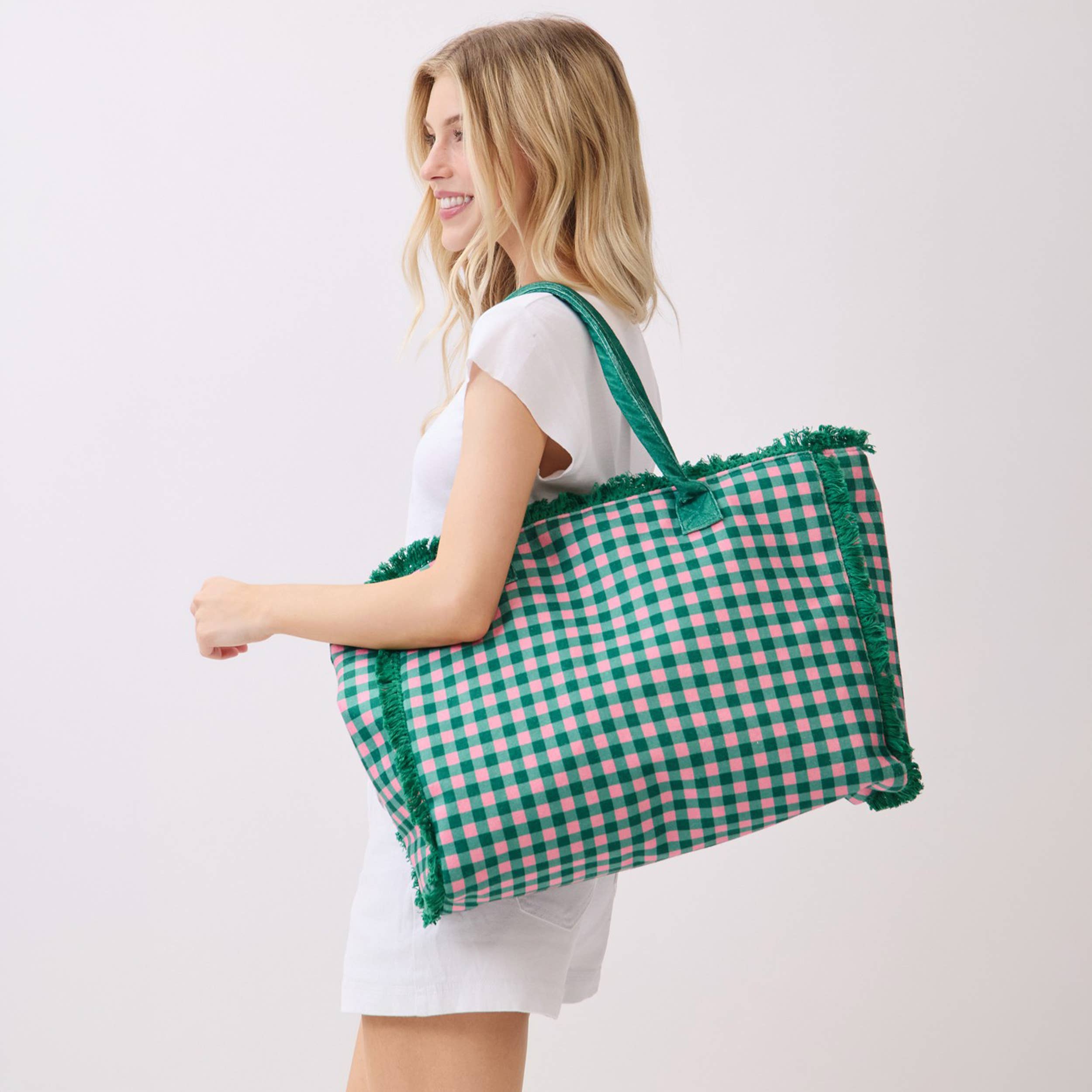 Gingham Check Frayed Trim Tote Bag - Premium tote bag from Hana - Just $22.95! Shop now at Pat's Monograms