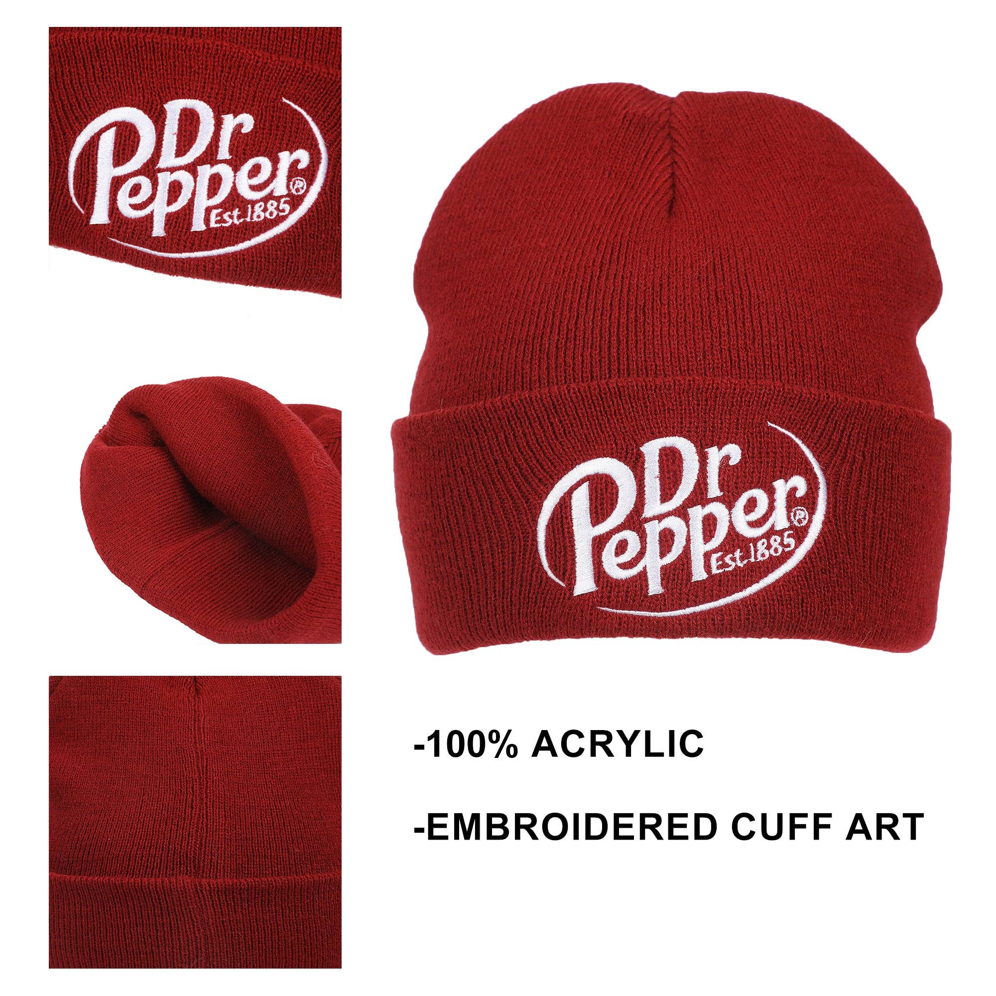 Dr. Pepper Embroidery On Acrylic Knit Standard Cuff Beanie - Premium Headwear from Bioworld Merchandising - Just $22.95! Shop now at Pat's Monograms