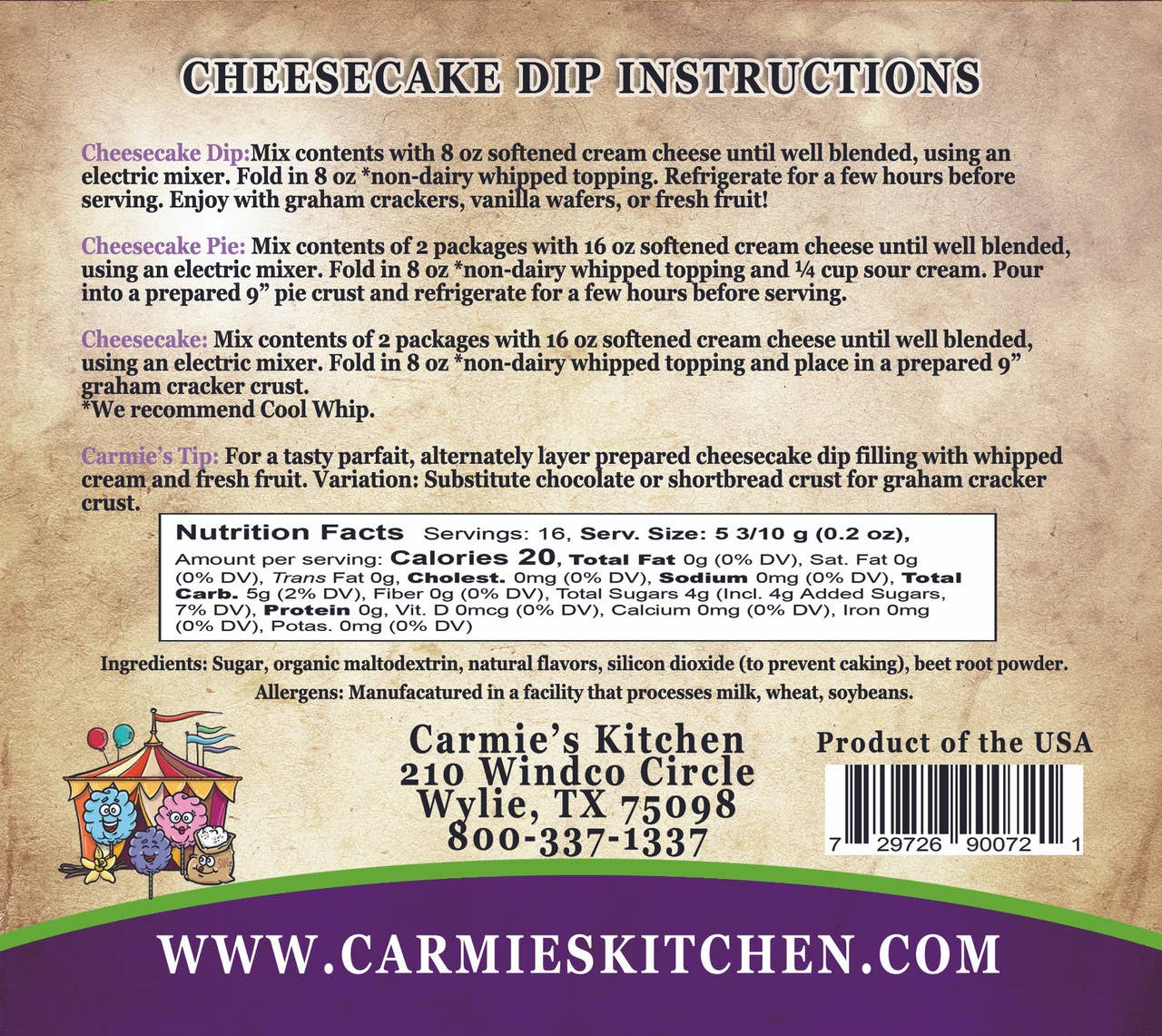 Carnival Cotton Candy Cheesecake Mix - Premium Gourmet Foods from Carmie's Kitchen - Just $5! Shop now at Pat's Monograms