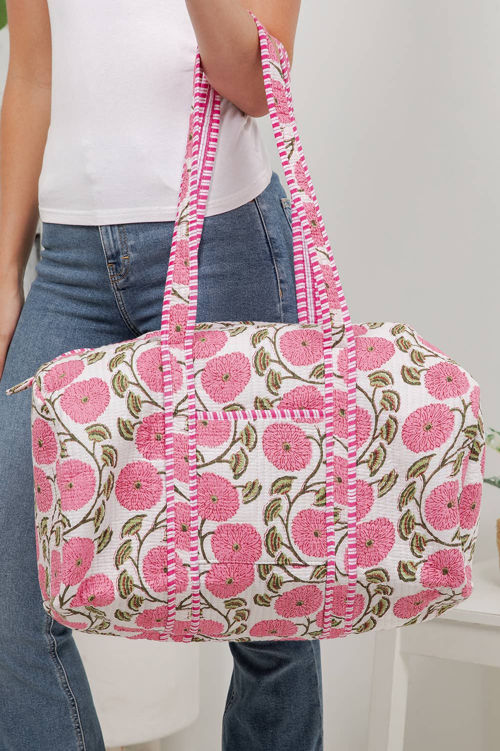 Pink Floral Quilted Cotton Duffle Bag - Premium Duffel Bags from LA Soul - Just $42.95! Shop now at Pat's Monograms
