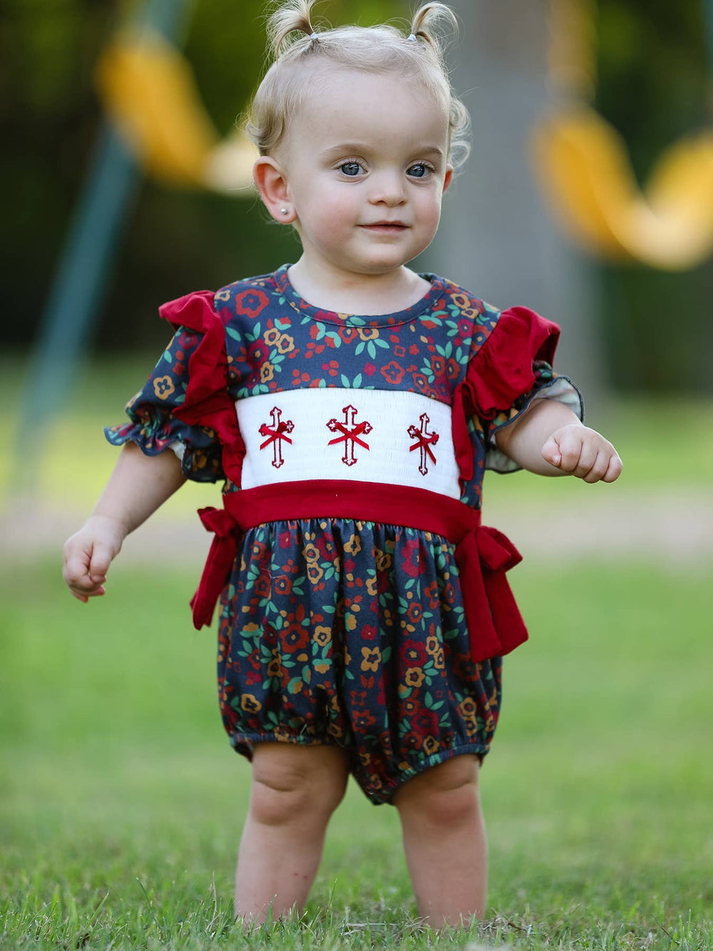 Vintage Floral Smocked Cross Baby Girl Romper - Premium Baby & Toddler Outfits from Rylee Faith Designs - Just $26.95! Shop now at Pat's Monograms