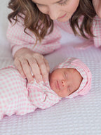 SoftSnooze™ Baby Girls Cotton Modal Pink Gingham Ruffle Knotted Sleep Gown & Bow Hat Set - Premium Baby Sleepwear from RuffleButts + RuggedButts - Just $42.95! Shop now at Pat's Monograms
