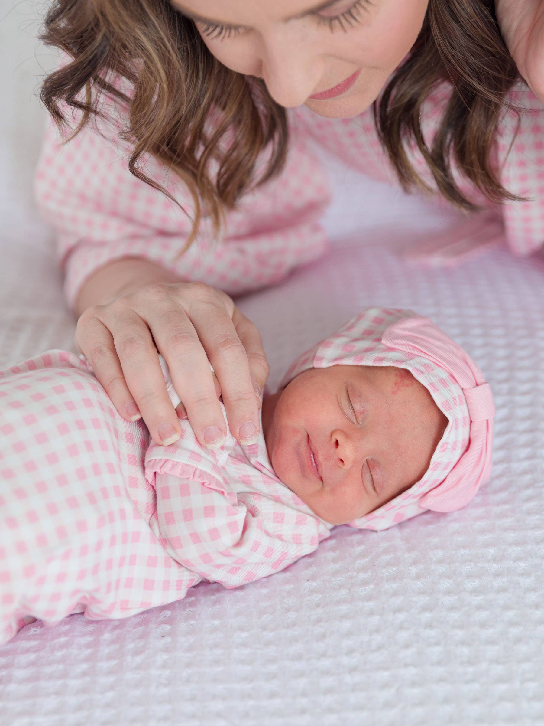 SoftSnooze™ Baby Girls Cotton Modal Pink Gingham Ruffle Knotted Sleep Gown & Bow Hat Set - Premium Baby Sleepwear from RuffleButts + RuggedButts - Just $42.95! Shop now at Pat's Monograms