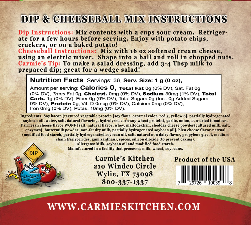 Bleu Cheese Bacon & Tomato Dip Mix - Premium Dips & Spreads from Carmie's Kitchen - Just $5! Shop now at Pat's Monograms