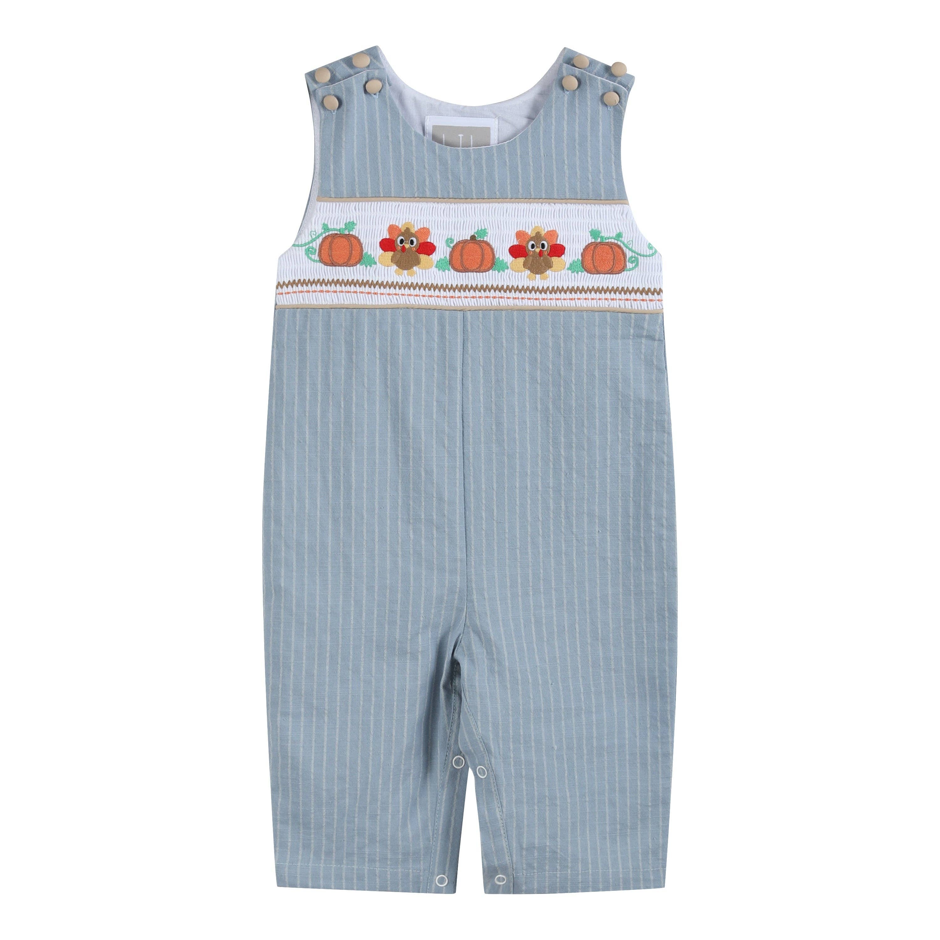 Light Blue Pinstripe Turkey Smocked Overalls - Premium  from Lil Cactus - Just $36! Shop now at Pat's Monograms
