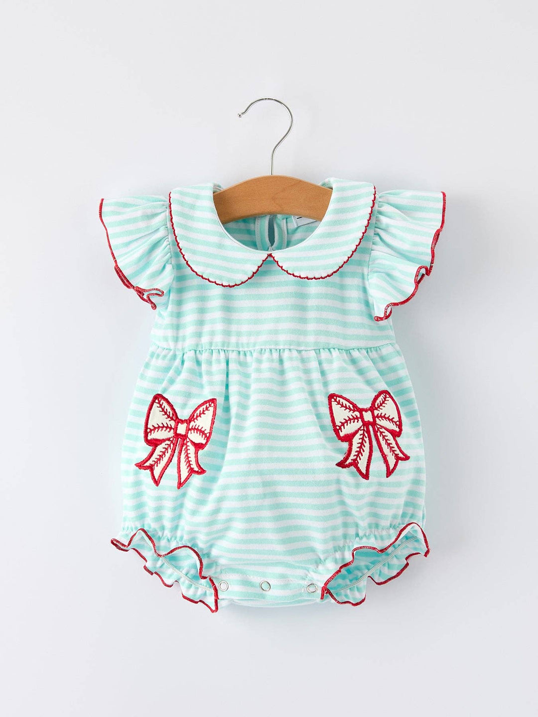 Baseball Bow Applique Lapel Girls Romper-Striped Casual Outfit - Premium Baby & Toddler Outfits from Rylee Faith Designs - Just $24.95! Shop now at Pat's Monograms