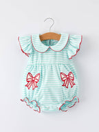 Baseball Bow Applique Lapel Girls Romper-Striped Casual Outfit - Premium Baby & Toddler Outfits from Rylee Faith Designs - Just $24.95! Shop now at Pat's Monograms