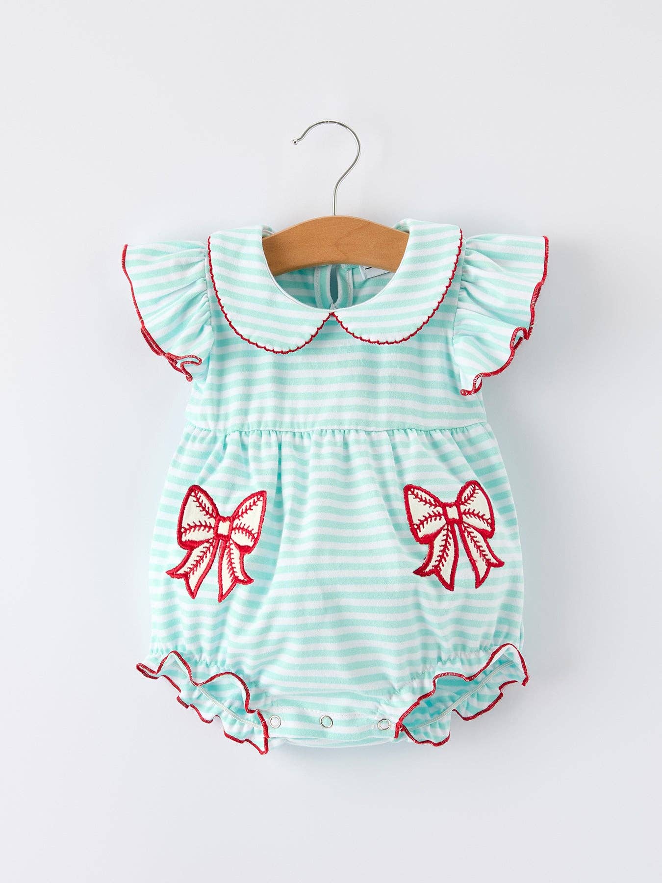 Baseball Bow Applique Lapel Girls Romper-Striped Casual Outfit - Premium Baby & Toddler Outfits from Rylee Faith Designs - Just $24.95! Shop now at Pat's Monograms
