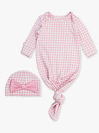 SoftSnooze™ Baby Girls Cotton Modal Pink Gingham Ruffle Knotted Sleep Gown & Bow Hat Set - Premium Baby Sleepwear from RuffleButts + RuggedButts - Just $42.95! Shop now at Pat's Monograms