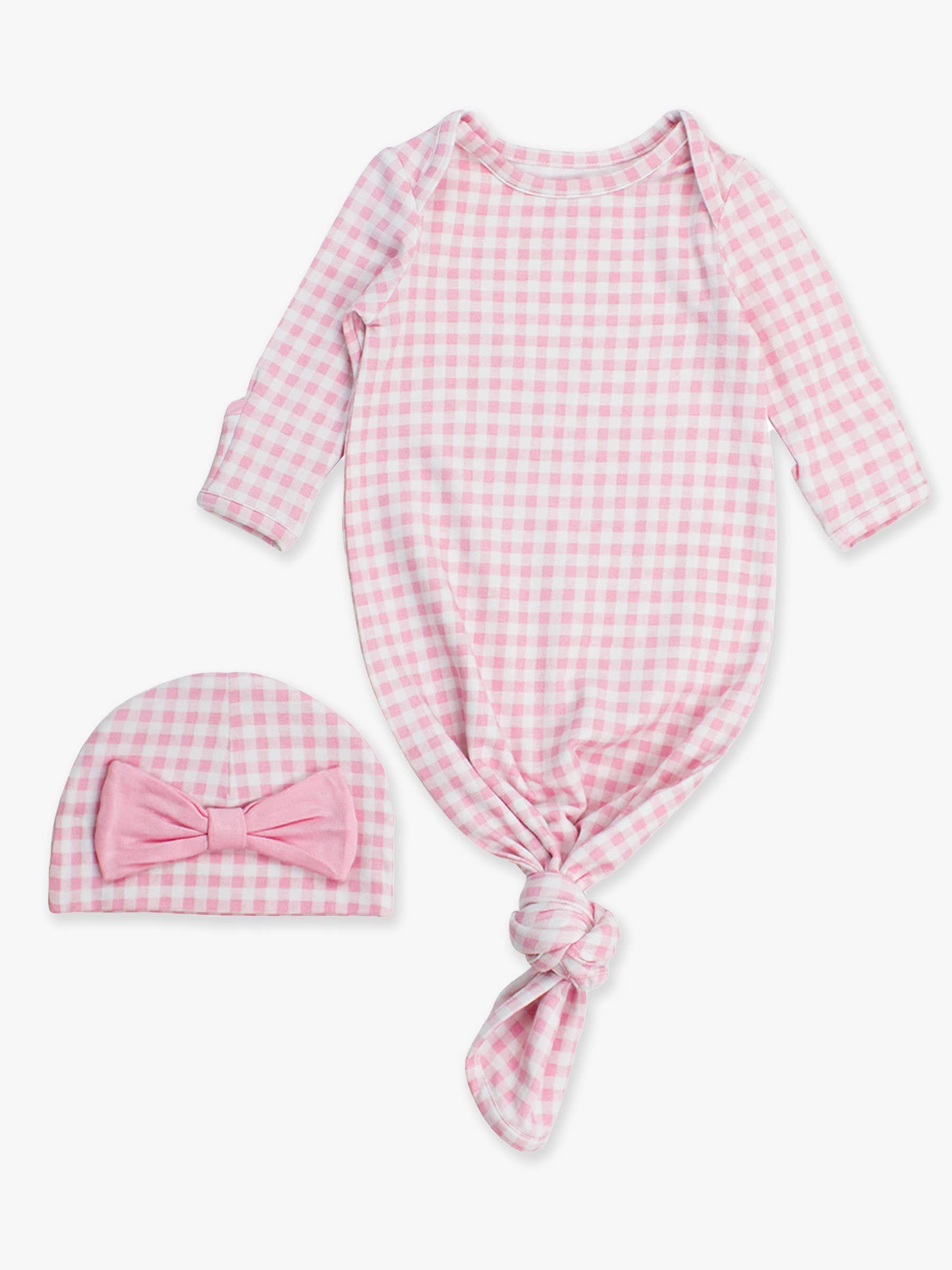 SoftSnooze™ Baby Girls Cotton Modal Pink Gingham Ruffle Knotted Sleep Gown & Bow Hat Set - Premium Baby Sleepwear from RuffleButts + RuggedButts - Just $42.95! Shop now at Pat's Monograms