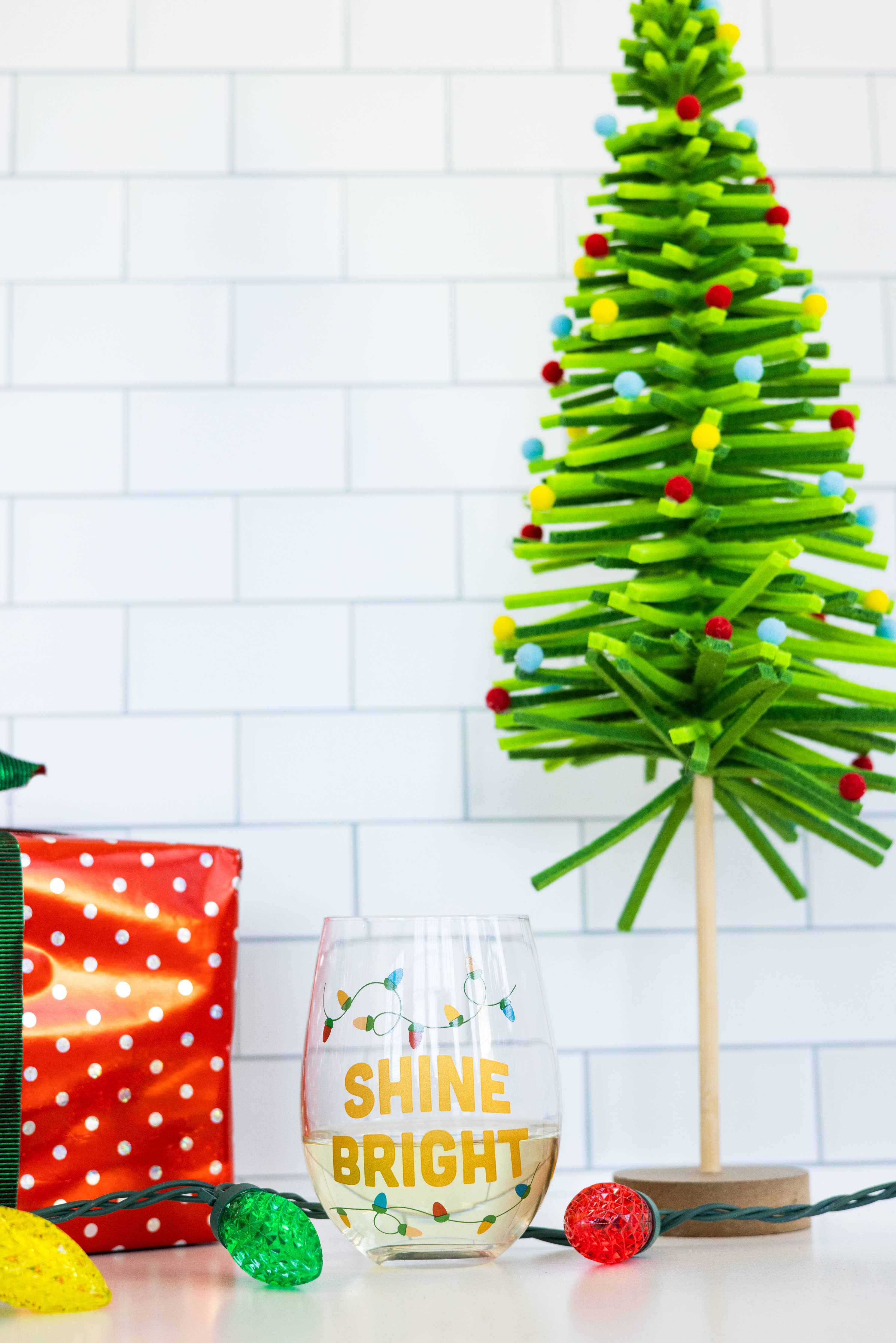 Festive Shine Bright Christmas Stemless Wine Glass - Premium drinkware from Pearhead - Just $7.95! Shop now at Pat's Monograms