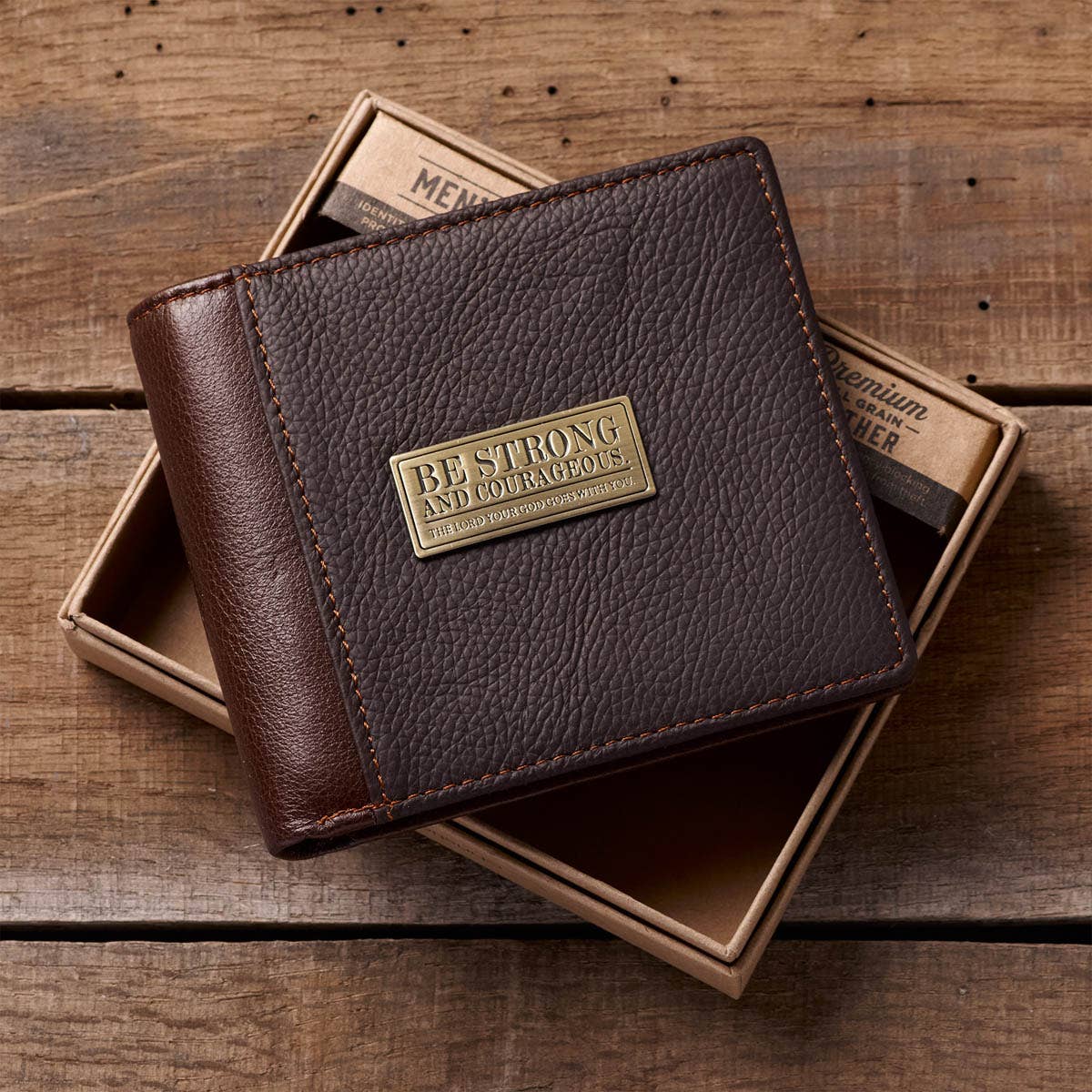 Wallet Leather Brown Be Strong & Courageous Badge - Premium Accessories from Christian Art Gifts - Just $35.95! Shop now at Pat's Monograms