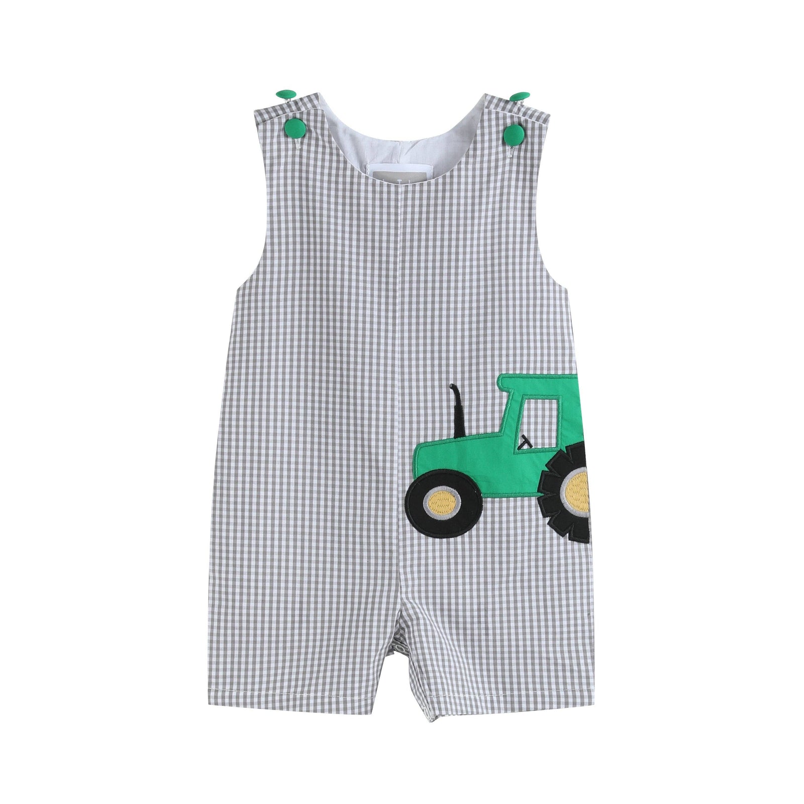 Gray Gingham Green Tractor Applique Shortalls - Premium Baby & Toddler Outfits from Lil Cactus - Just $36.95! Shop now at Pat's Monograms