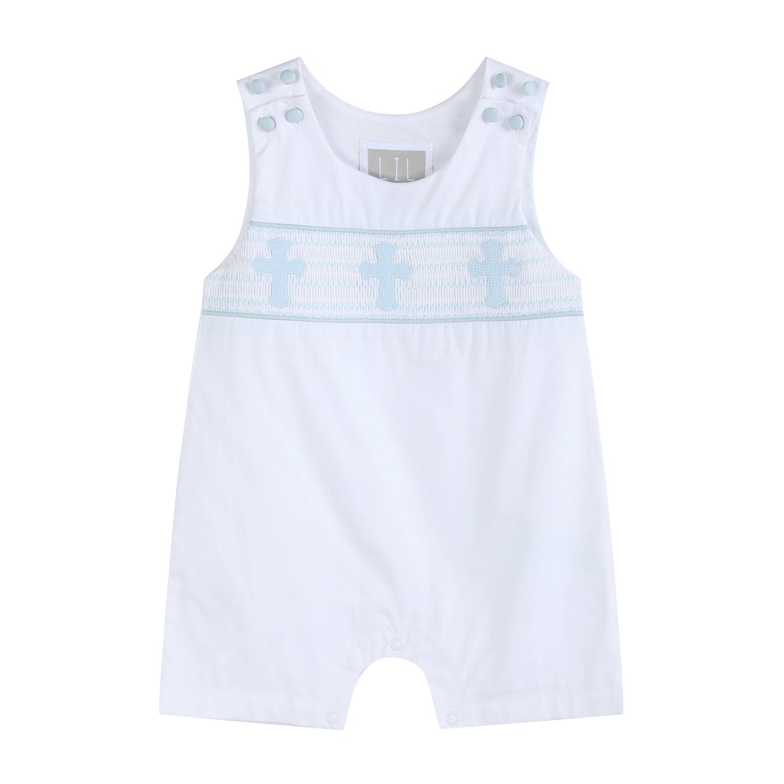 White and Blue Holy Crosses Smocked Overalls - Premium Baby & Toddler Outfits from Lil Cactus - Just $38.95! Shop now at Pat's Monograms