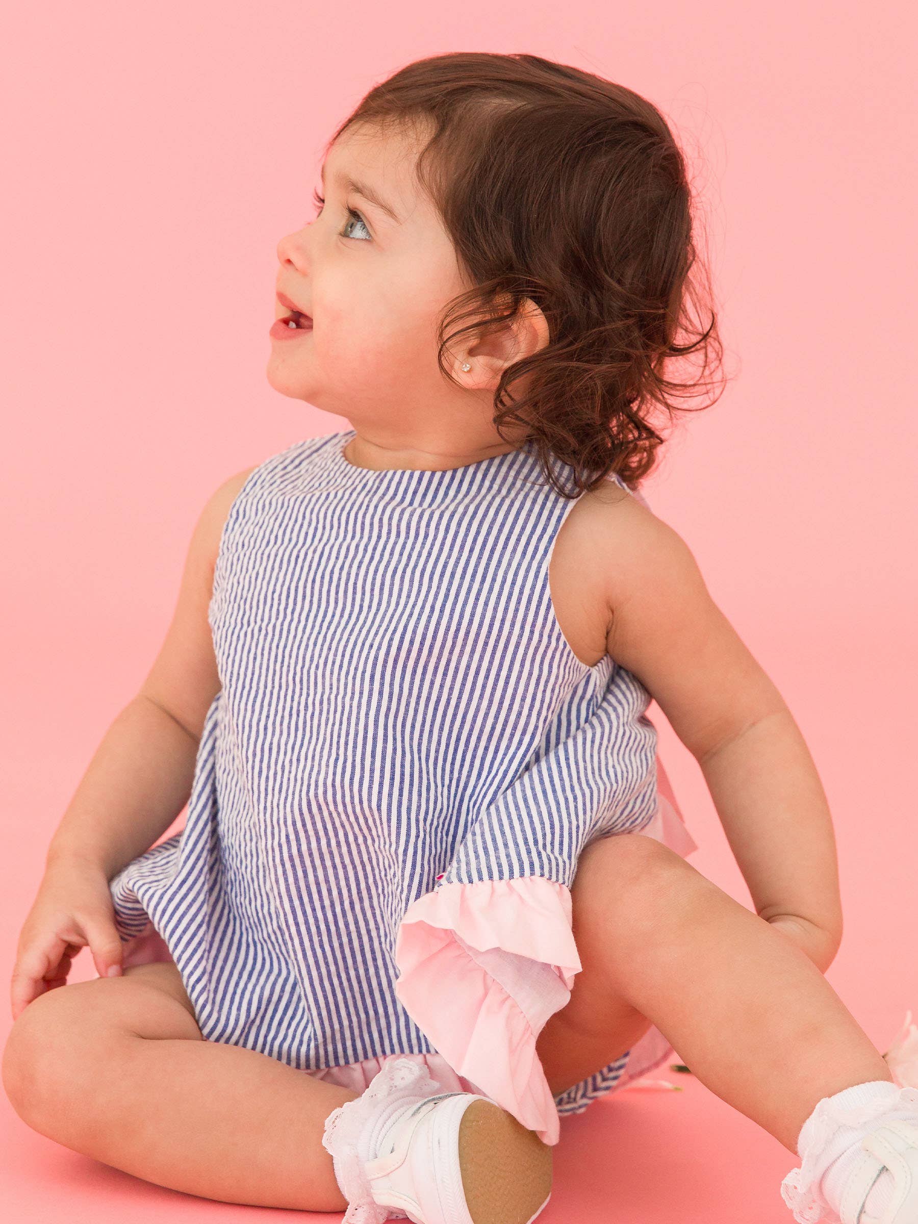 Baby Girls Blue Seersucker Ruffle Swing Top & Bloomer Set - Premium Baby & Toddler Outfits from RuffleButts + RuggedButts - Just $45.95! Shop now at Pat's Monograms