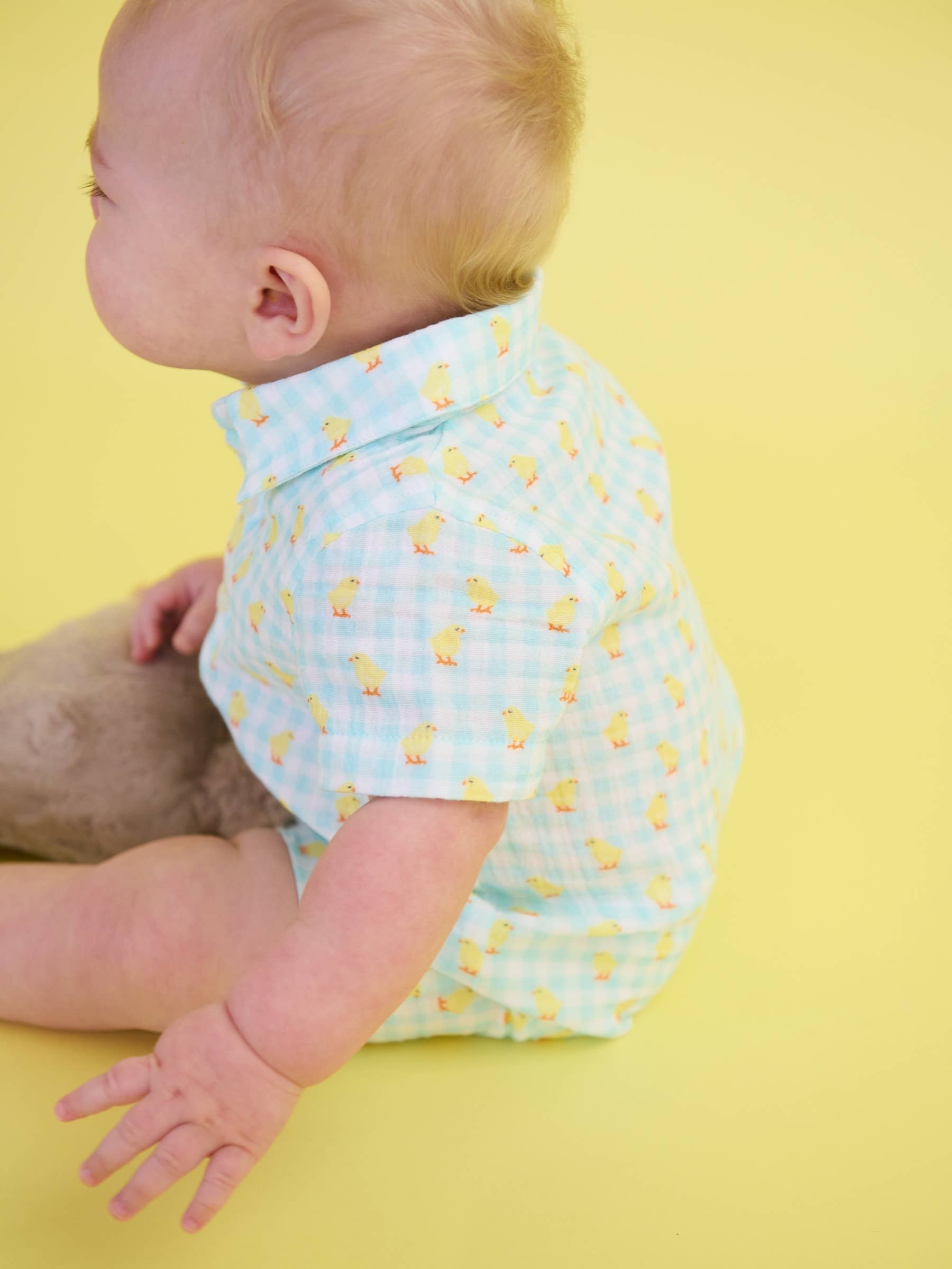 Baby Boys Chirping Chicks Gingham Cotton Gauze Button-Up Romper - Premium Baby & Toddler Outfits from RuffleButts + RuggedButts - Just $42.95! Shop now at Pat's Monograms