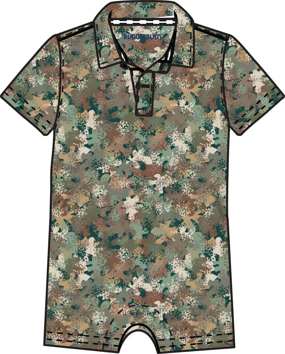 Classic Camo Performance Polo Romper - Premium Boy Camo from RuffleButts + RuggedButts - Just $39.95! Shop now at Pat's Monograms