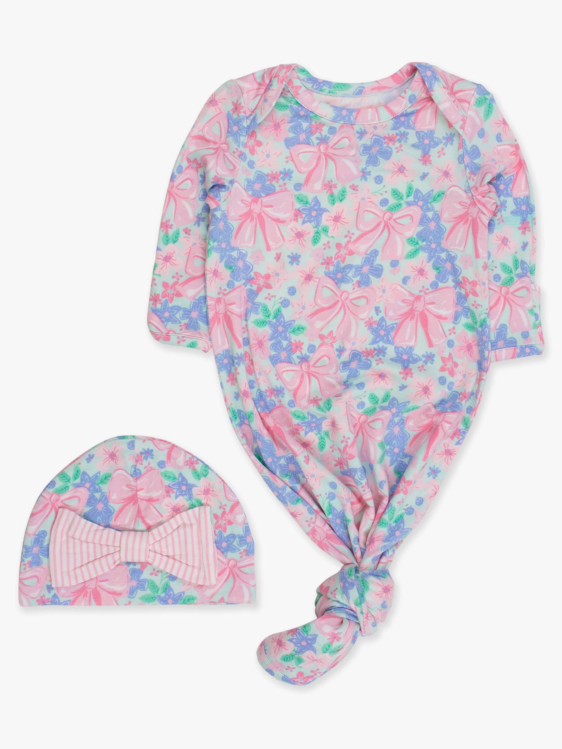 SoftSnooze™ Baby Girls Bow Blooms Ruffle Knotted Sleep Gown & Bow Hat Set - Premium Baby Sleepwear from RuffleButts + RuggedButts - Just $42.95! Shop now at Pat's Monograms