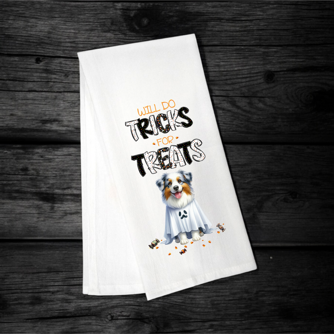 "Will Do Tricks for Treats" Halloween Towel with your Fav Dog Breed - Premium Kitchen Towel from Pat's Monograms - Just $12.95! Shop now at Pat's Monograms