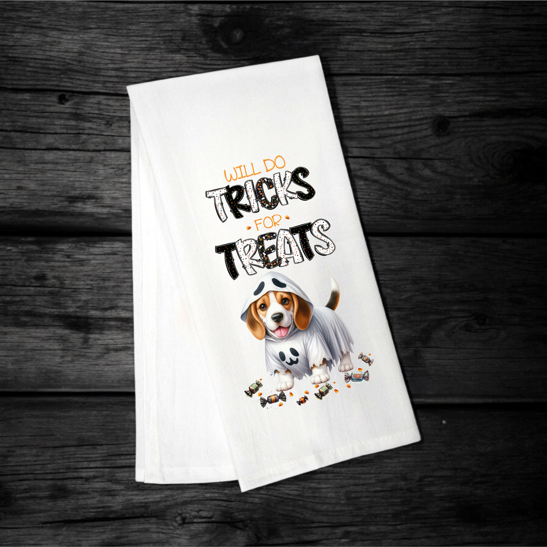 "Will Do Tricks for Treats" Halloween Towel with your Fav Dog Breed - Premium Kitchen Towel from Pat's Monograms - Just $12.95! Shop now at Pat's Monograms