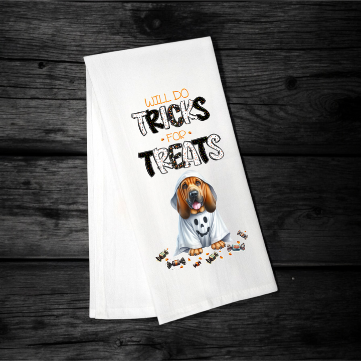 "Will Do Tricks for Treats" Halloween Towel with your Fav Dog Breed - Premium Kitchen Towel from Pat's Monograms - Just $12.95! Shop now at Pat's Monograms