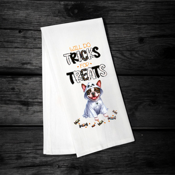 "Will Do Tricks for Treats" Halloween Towel with your Fav Dog Breed - Premium Kitchen Towel from Pat's Monograms - Just $12.95! Shop now at Pat's Monograms