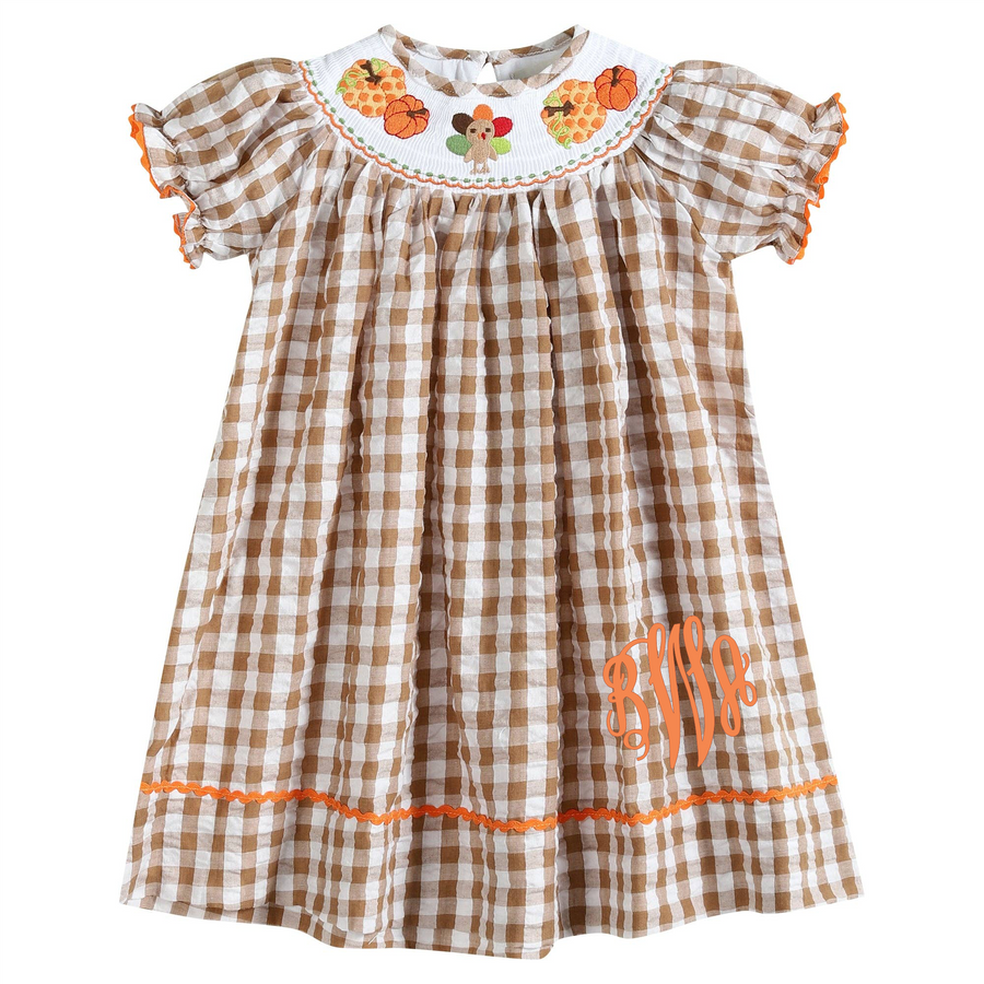 Light Brown Gingham Pumpkin Turkey Smocked Bishop Dress | Lil Cactus 4T Light Brown Gingham Pumpkin Turkey Smocked Bishop Dress | Lil Cactus 4T