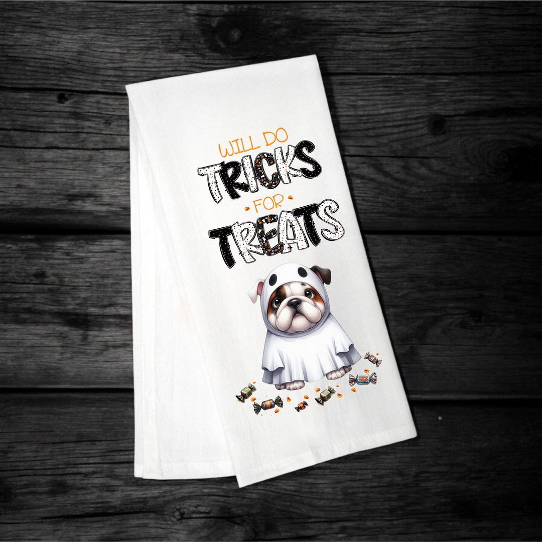 "Will Do Tricks for Treats" Halloween Towel with your Fav Dog Breed - Premium Kitchen Towel from Pat's Monograms - Just $12.95! Shop now at Pat's Monograms