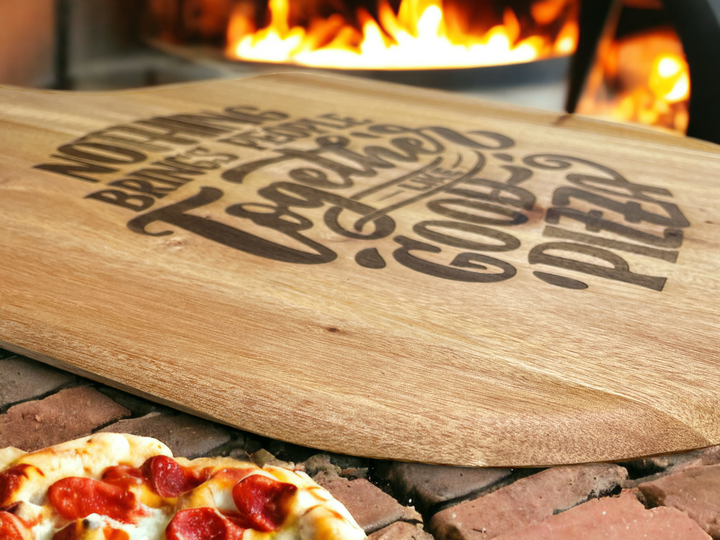 Good Pizza Brings People Together - Engraved Acacia Wood Pizza Peel - Premium Cookware from Pat's Monograms - Just $46.95! Shop now at Pat's Monograms