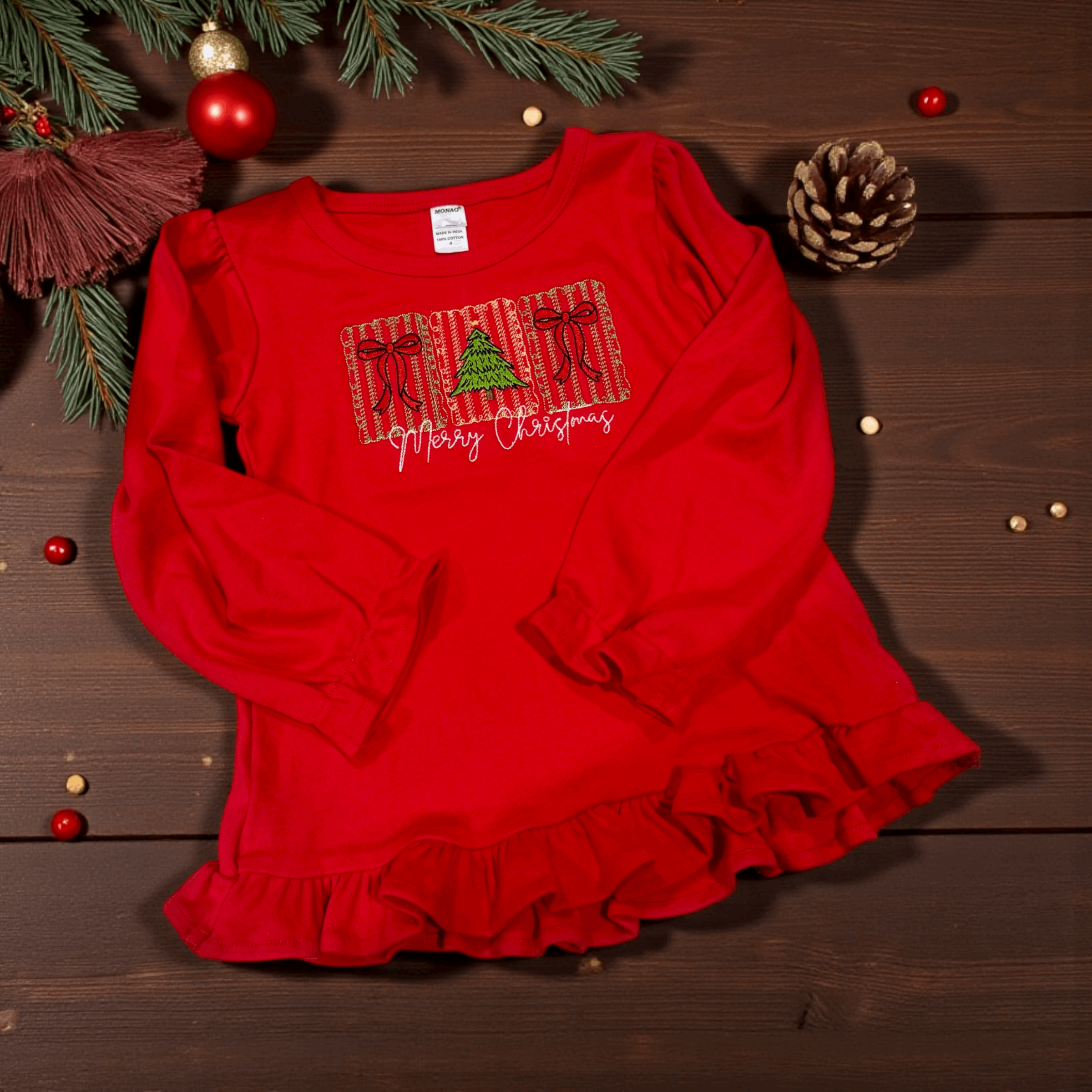 Merry Christmas Embroidered Shirt, Gown or Onesie - Premium Christmas Shirts from Pat's Monograms - Just $19.95! Shop now at Pat's Monograms