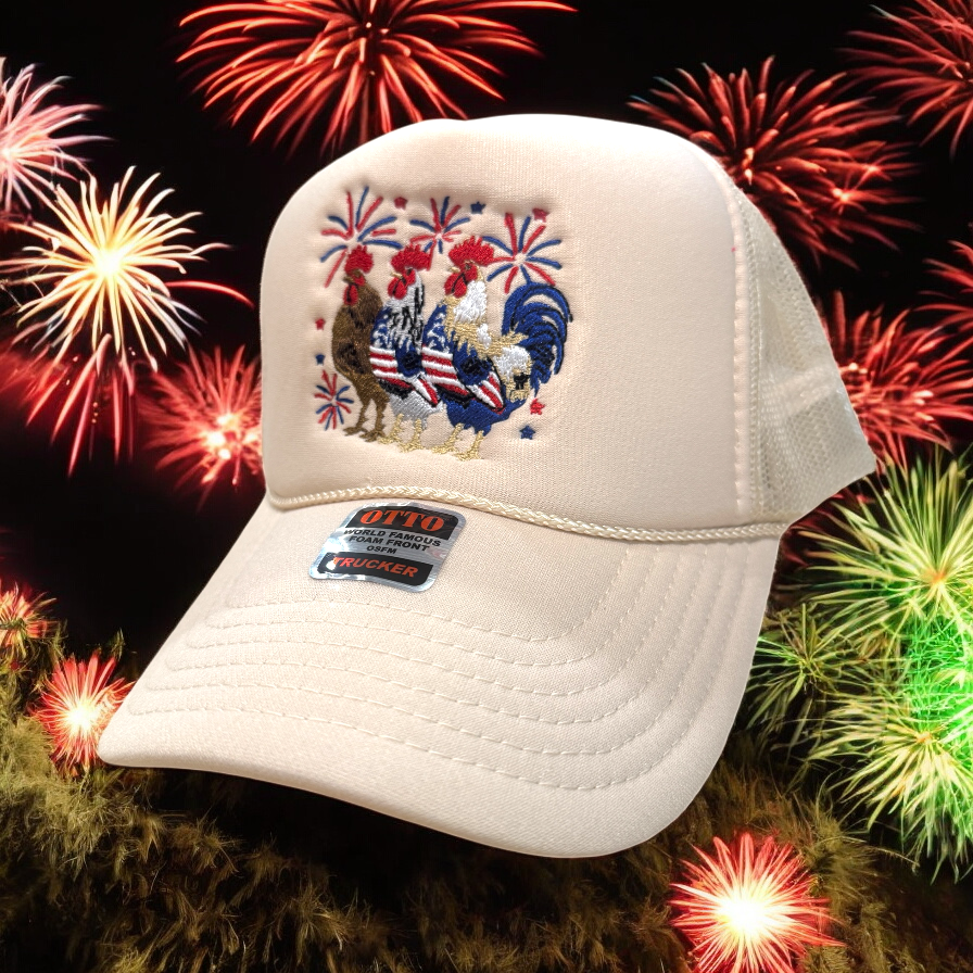 Patriotic Chickens Trucker Cap - Premium Hat from Pat's Monograms - Just $16.95! Shop now at Pat's Monograms
