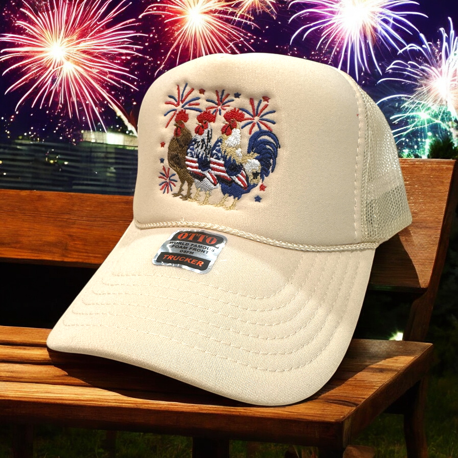 Patriotic Chickens Trucker Cap - Premium Hat from Pat's Monograms - Just $16.95! Shop now at Pat's Monograms