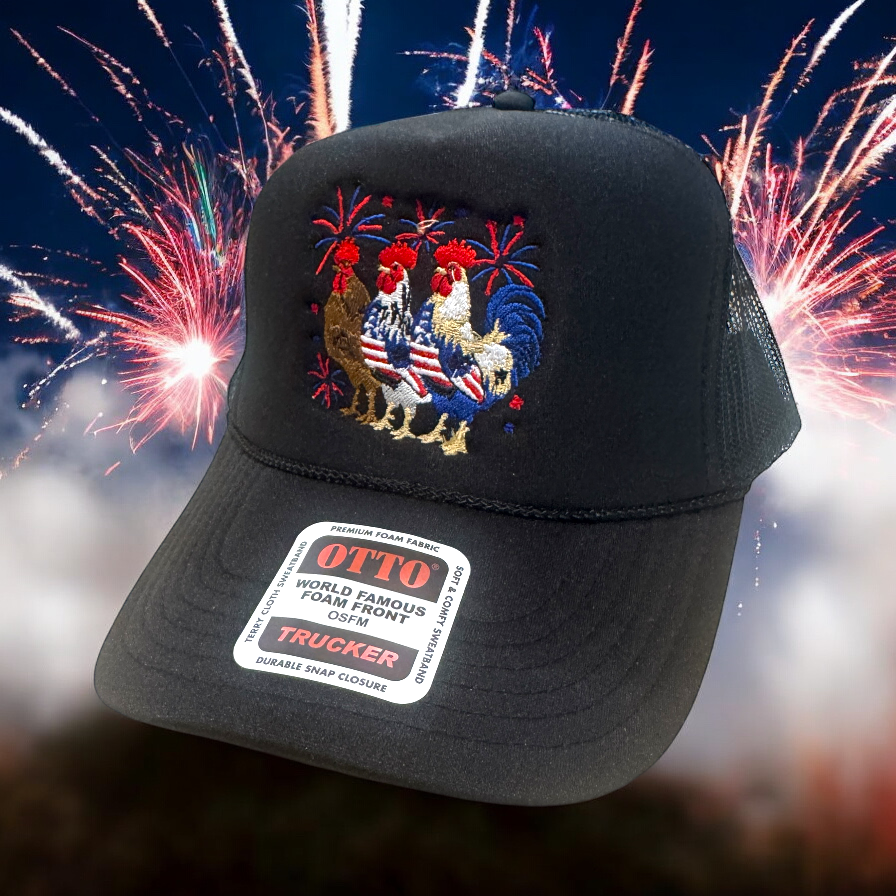 Patriotic Chickens Trucker Cap - Premium Hat from Pat's Monograms - Just $16.95! Shop now at Pat's Monograms