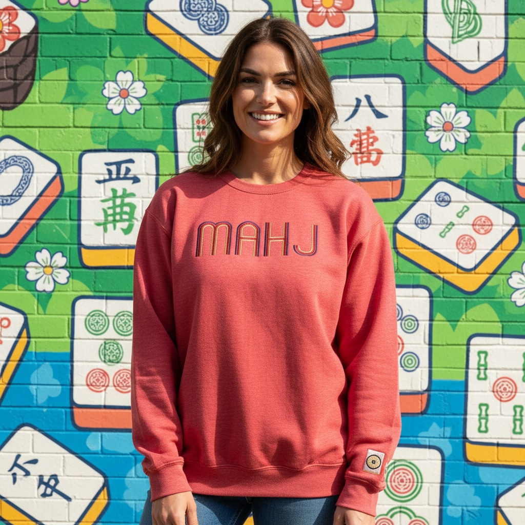 Mahjong Crewneck Sweatshirt with Retro Embroidery - Premium Sweatshirt from Pat's Monograms - Just $42! Shop now at Pat's Monograms