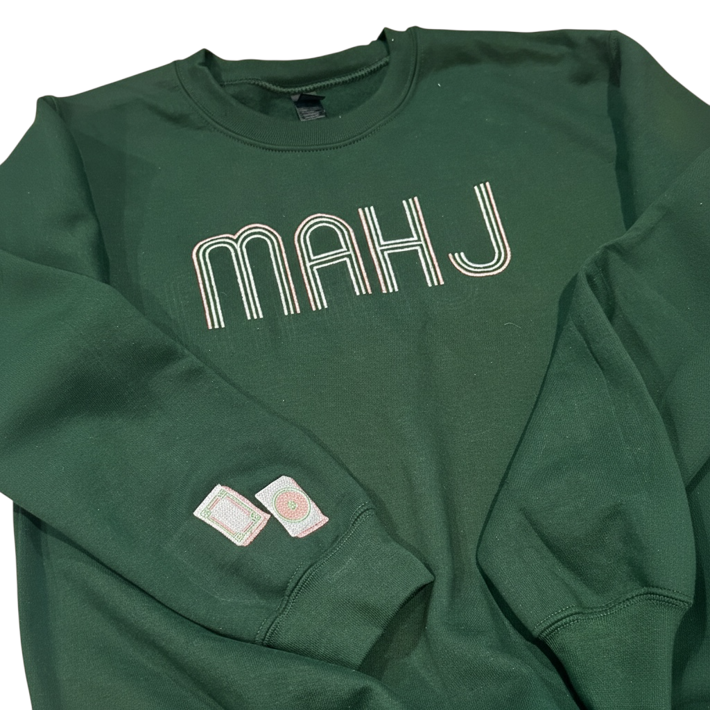 Mahjong Crewneck Sweatshirt with Retro Embroidery - Premium Sweatshirt from Pat's Monograms - Just $42! Shop now at Pat's Monograms