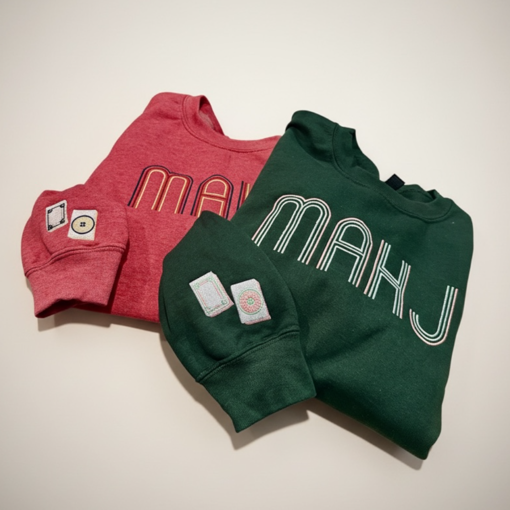 Mahjong Crewneck Sweatshirt with Retro Embroidery - Premium Sweatshirt from Pat's Monograms - Just $42! Shop now at Pat's Monograms