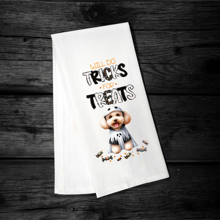 "Will Do Tricks for Treats" Halloween Towel with your Fav Dog Breed - Premium Kitchen Towel from Pat's Monograms - Just $12.95! Shop now at Pat's Monograms